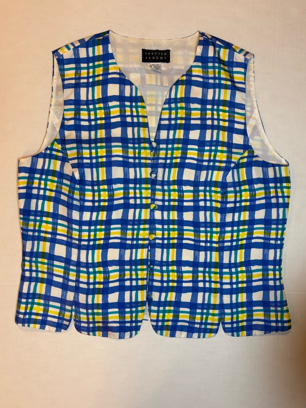 Spenser Jeremy VTG Women’s 100% Silk Plaid V-neck Vest Lined Size L
